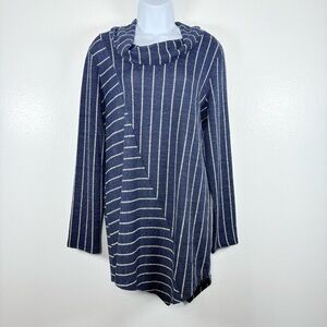 Papillio Asymmetrical Striped Blue & White Knit Sweater Cowl Neck Tunic SzL